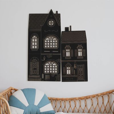Small tenement house, wooden chalboard, educational toys, wall decoration