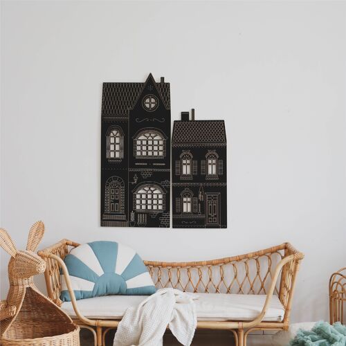 Large tenement house, wooden chalboard, educational toys, wall decoration