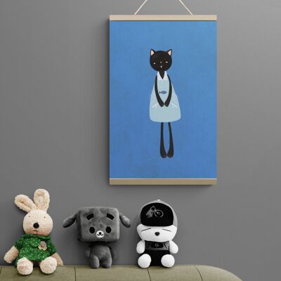 Fondo azul de gato negro 10.0 x 14.0 in – Impresión en lienzo para decoración de pared
