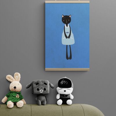 Fondo azul de gato negro 10.0 x 14.0 in – Impresión en lienzo para decoración de pared