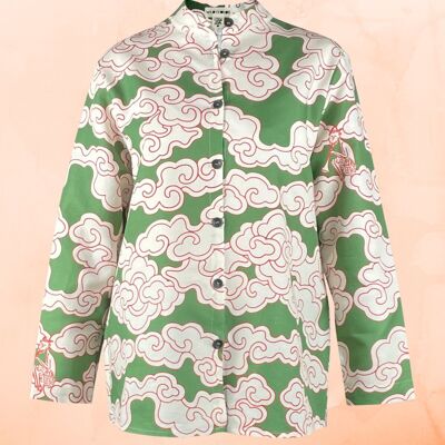 Camicia con nuvole verdi in cotone biologico e lino