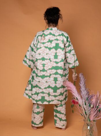 Kimono nuages verts en coton bio et lin 5