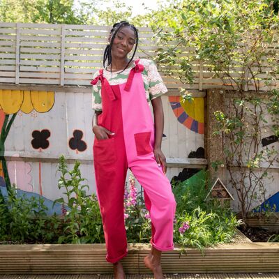 Reclaimed Cotton Canvas Pink & Red Dungarees