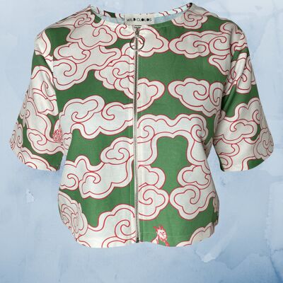 Camisa corta de algodón orgánico y lino con nubes verdes