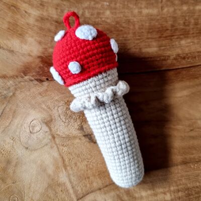 Sonajero Crochet Seta rojo con lunares blancos