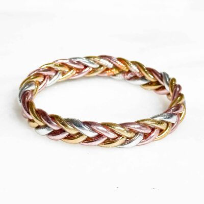 Pulsera budista certificada hecha en Tailandia - Modelo trenzado - Tricolor oro rosa, plata y oro claro