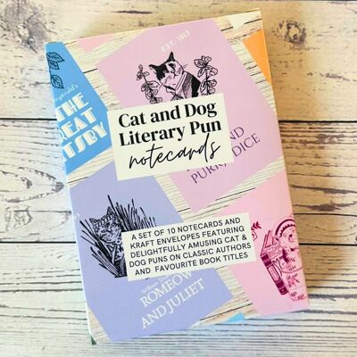 Literarische Wortspiel-Notizkarten mit Katze und Hund – 9er-Set