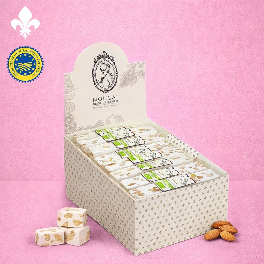 Organic soft Montélimar nougat Bar 50g in display