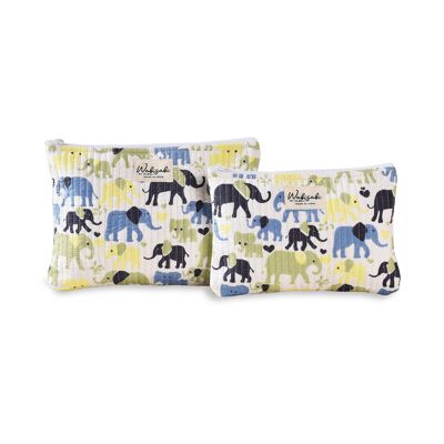 Dúo de bolsas utilitarias con estampado de elefantes: hecho a mano, algodón, perfecto para cosméticos y accesorios de viaje, gran regalo para ella.