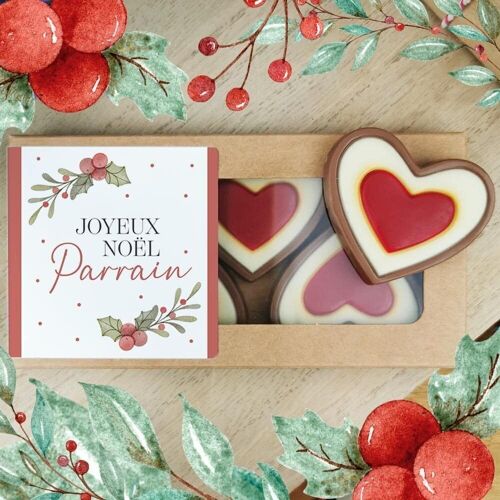 Cœurs au chocolat au lait rouge et blanc x4 "Joyeux Noël Parrain"