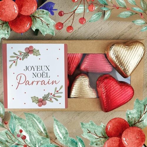 Cœurs au chocolat au lait et chocolat noir praliné x8 "Joyeux Noël Parrain"