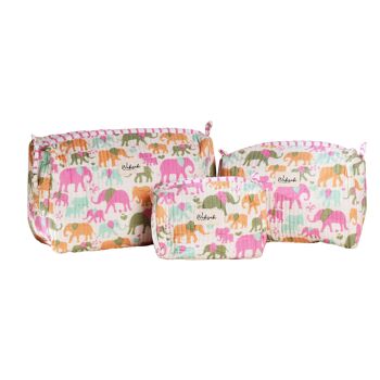 Pochette de toilette matelassée faite à la main - Joli motif d’éléphant rose, ensemble de pochettes de voyage pour femmes et enfants, ensemble écologique de 3, trousse de toilette 1