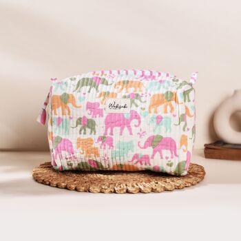 Pochette de toilette matelassée faite à la main - Joli motif d’éléphant rose, ensemble de pochettes de voyage pour femmes et enfants, ensemble écologique de 3, trousse de toilette 2