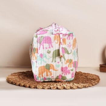 Pochette de toilette matelassée faite à la main - Joli motif d’éléphant rose, ensemble de pochettes de voyage pour femmes et enfants, ensemble écologique de 3, trousse de toilette 5