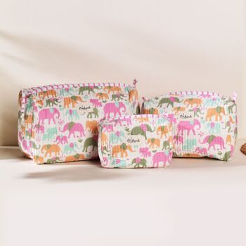 Pochette de toilette matelassée faite à la main - Joli motif d’éléphant rose, ensemble de pochettes de voyage pour femmes et enfants, ensemble écologique de 3, trousse de toilette 6