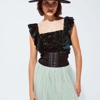 Top corto con paillettes verde con spalline larghe