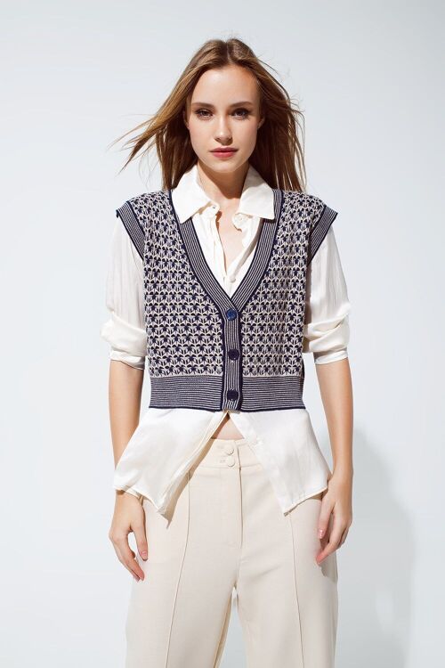 Knitted Cropped Vest With Rib Trim in blue