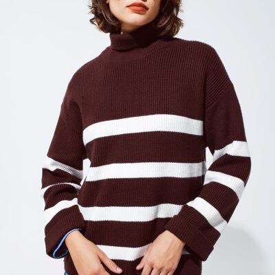 Chocolate Brown turtle neck sweater with white  stripes