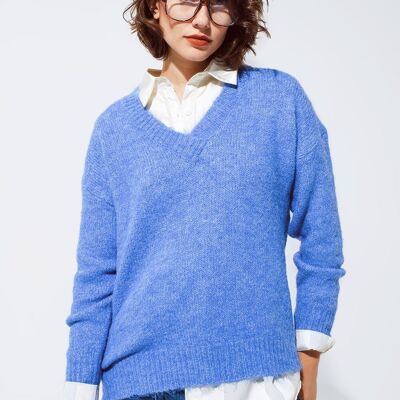 maglione soffice lavorato a maglia con scollo a V blu