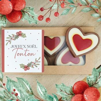 Cœurs au chocolat au lait rouge et blanc x4 "Joyeux Noël Tonton" 1