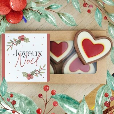 Corazones de chocolate con leche rojo y blanco x4 “Feliz Navidad”