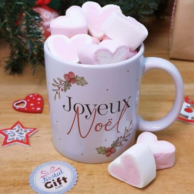 Taza “Feliz Navidad” y malvaviscos en forma de corazón x10