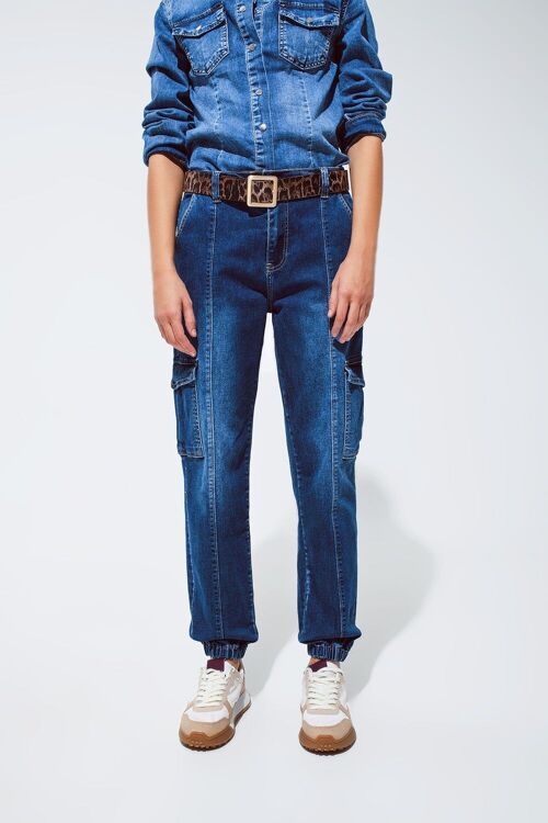 Cargo Style Jeans with Seam Down the Front in Medium Wash