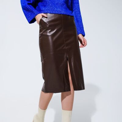 Brown leatherette pencil cut skirt