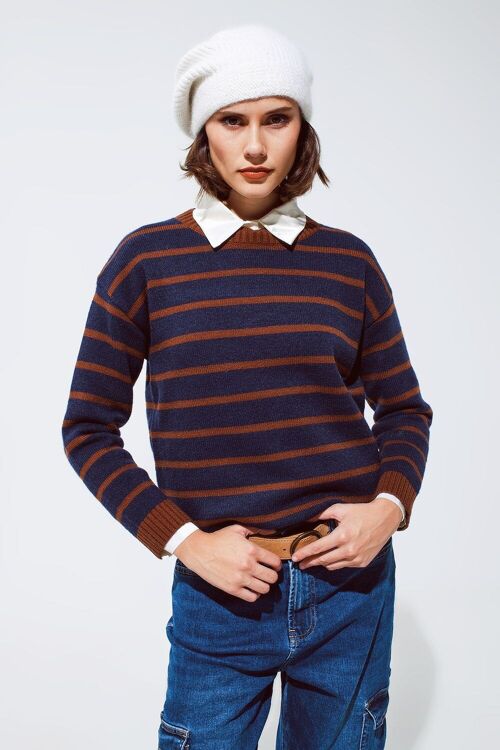 Crew Neck Stripy Sweater in Navy and Rust Orange