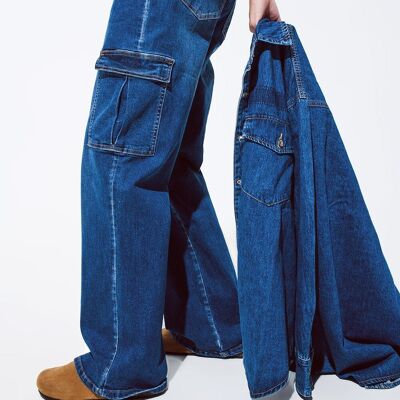 Straight Leg Cargo Style Jeans in Medium Wash