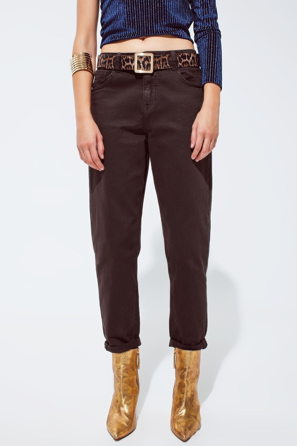 Jeans slouchy in cotone a vita media color marrone cioccolato