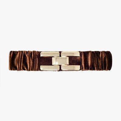 Brown elastic velvet belt with metal closure