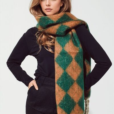 Chunky Scarf In Argyle Pattern in  Green