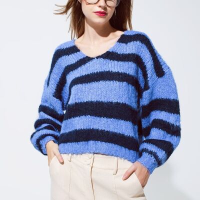 Oversized Blue Stripy Fluffy Sweater With Balloon Sleeves