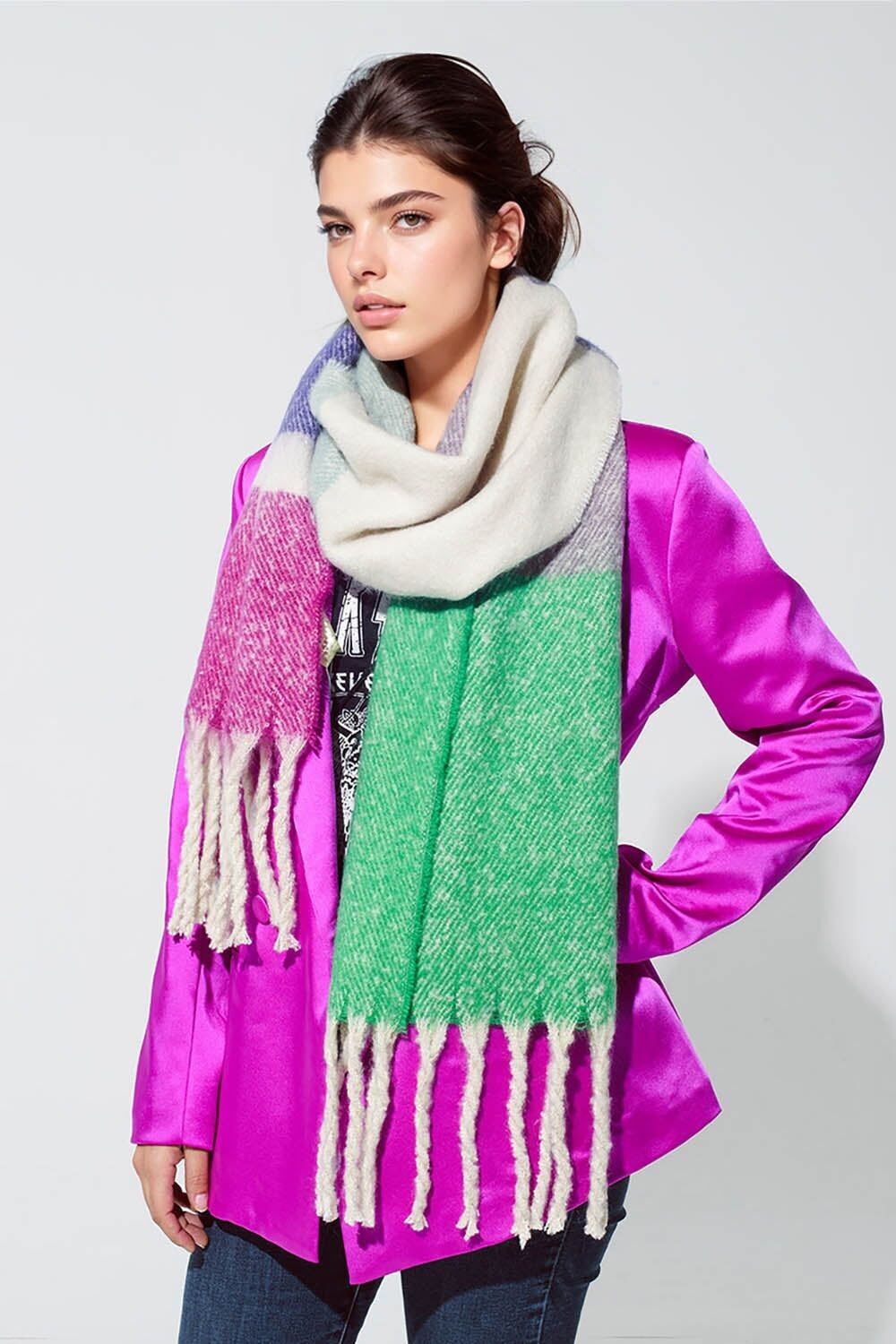 Sciarpa grossa a righe in blu verde e viola