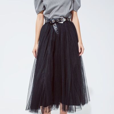 Black tulle midi skirt with elastic waist