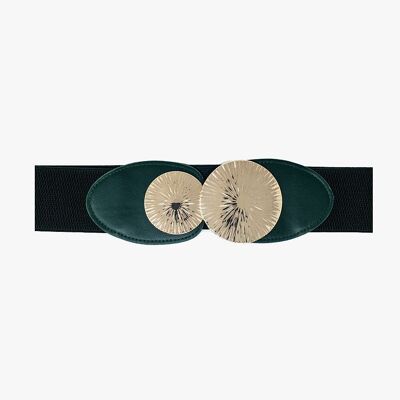 Cinturón elástico verde con doble hebilla metálica.