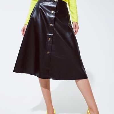 Black Leatherette buttoned Midi skirt