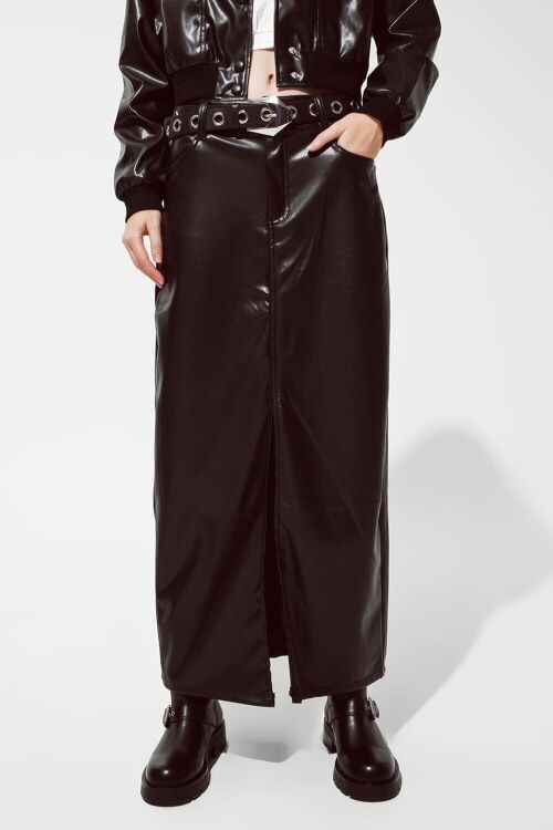 Maxi faux leather skirt with cut at the front
