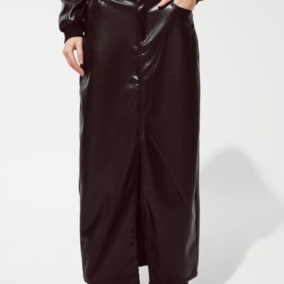 Maxi faux leather skirt with cut at the front