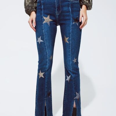 Flared Jeans with Shiny Stars Detail in Blue