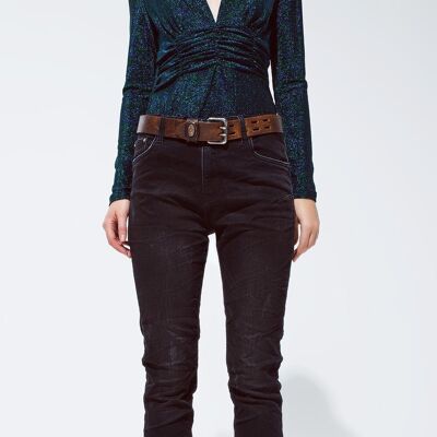 black jeans with elastic waist and cord