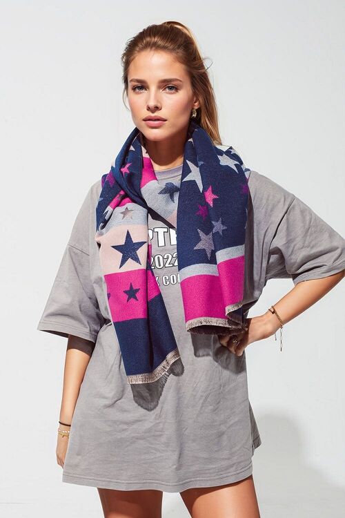 Lightweight Scarf with Stripes and Stars in Shades of Blue and Pink