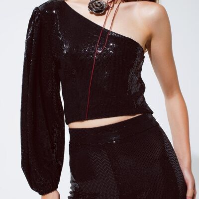 Party Cropped one shoulder top with glitter detail in black
