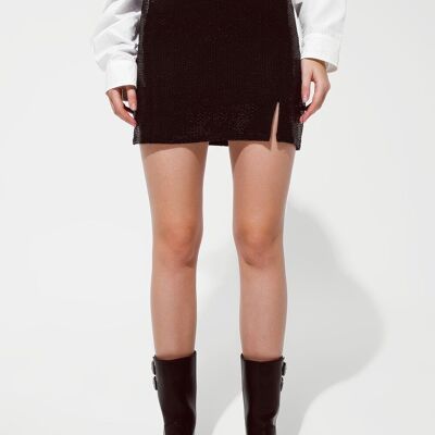 Short mini skirt with glitter and slit in black
