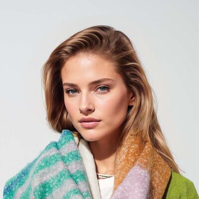 Multi Colored Chunky Knit Scarf in Multicolor Stripes green and blue