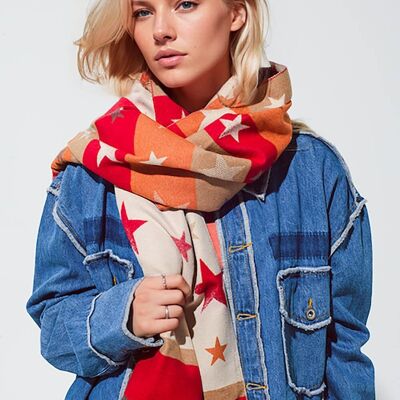 Lightweigh Scarf With Stripes and Stars in Shades Of Red and Orange