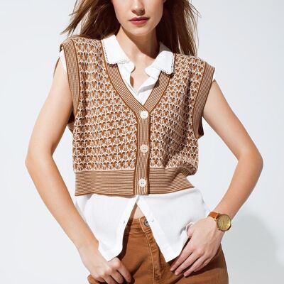 Knitted Cropped Vest With Rib Trim in Brown