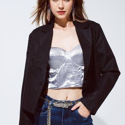 Oversized Cropped Blazer Vichy Design And Metallic Details In Black