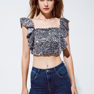 Party Cropped sequin glitter top in silver